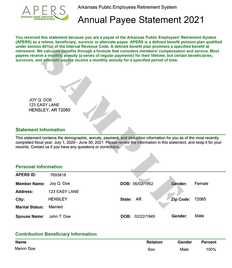 Sample Annual Payee Statement Page 1